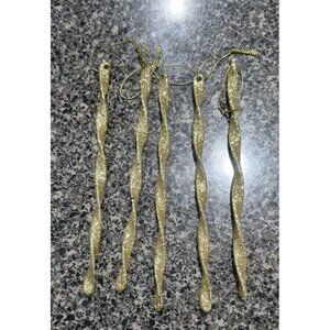 Set Of (5) Vintage Christmas Ornament Metal Tin Icicle Gold Toned Glitter 7”